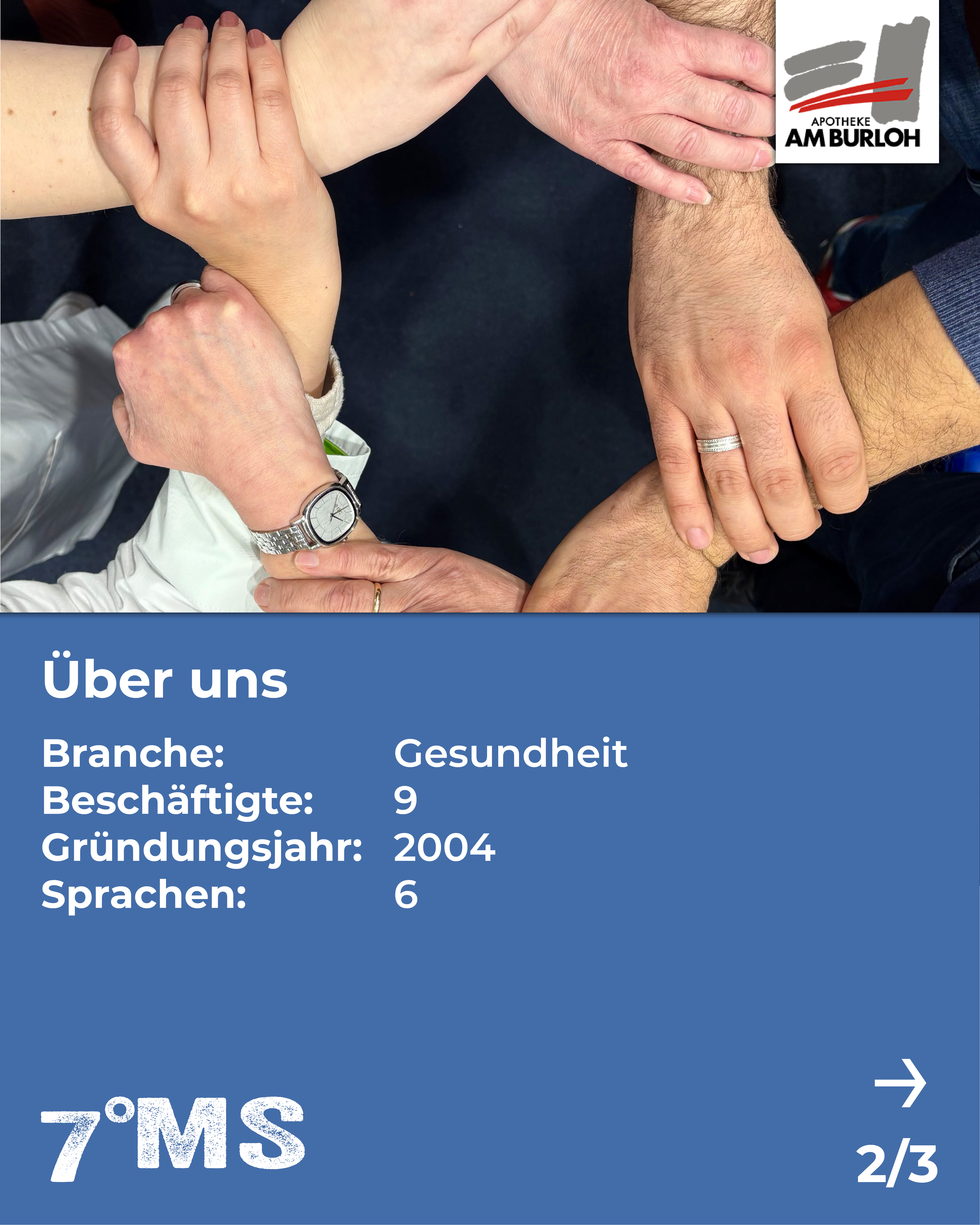 Hände verschiedener Menschen liegen übereinander, was Zusammenarbeit und Gemeinschaft symbolisiert. Im unteren Bereich steht "Über uns" mit Informationen zur Branche Gesundheit, Anzahl der Beschäftigten, Gründungsjahr 2004 und gesprochenen Sprachen.