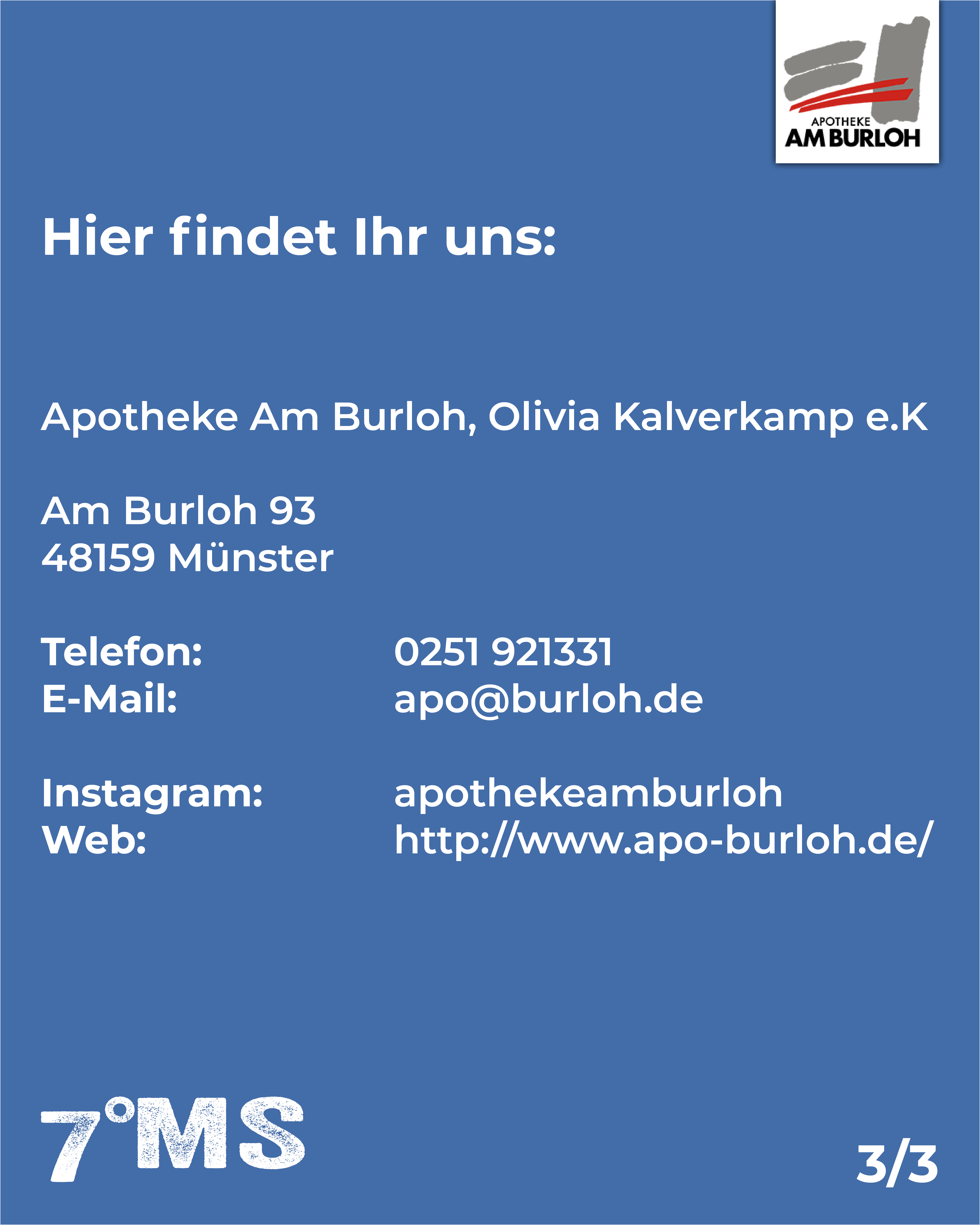 Die Apotheke Am Burloh in Münster bietet Kontaktinformationen: Adresse: Am Burloh 93, 48159 Münster. Telefon: 0251 921331, E-Mail: apo@burloh.de. Folgen Sie uns auf Instagram und besuchen Sie unsere Webseite für weitere Informationen.