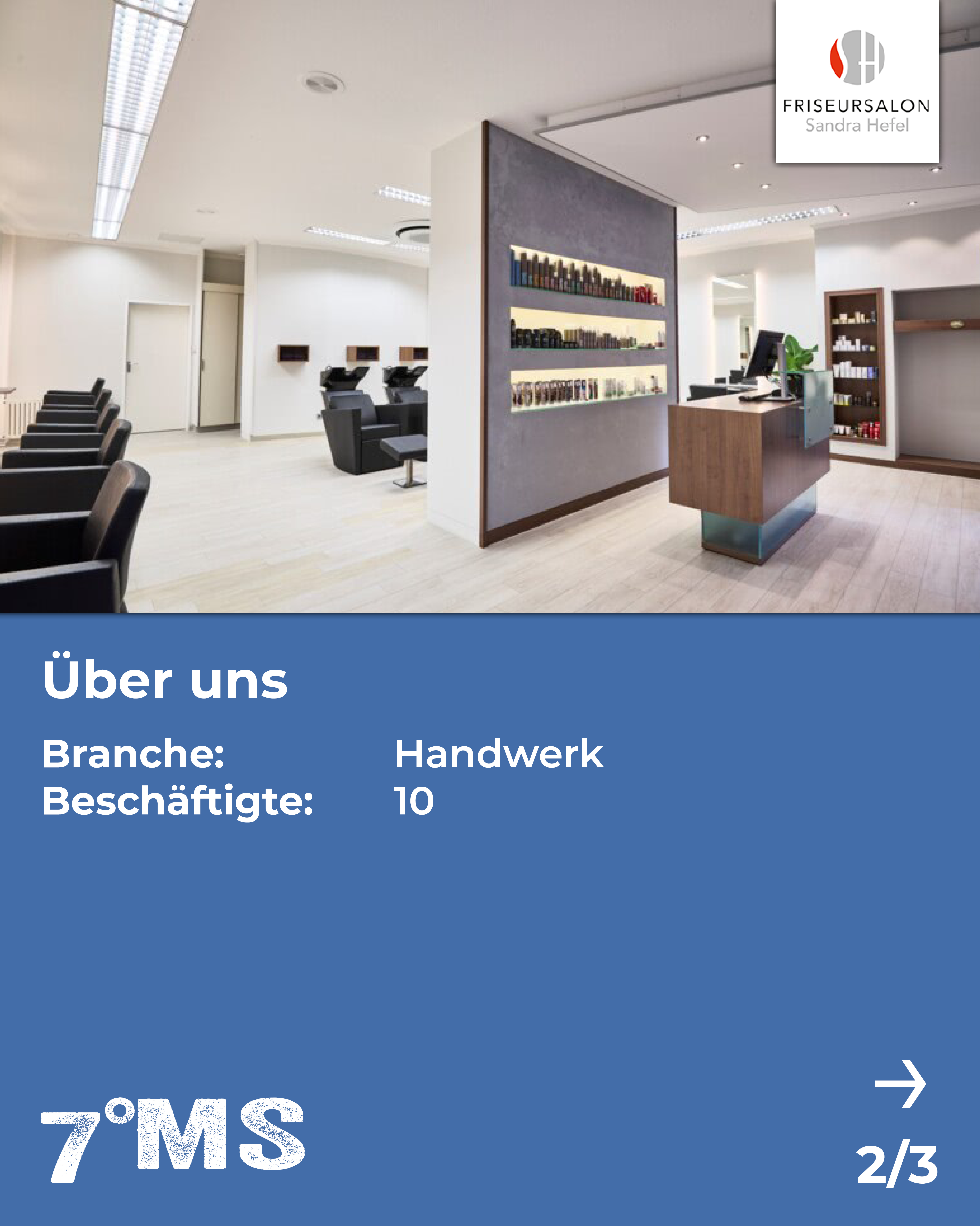 Ein moderner Friseursalon mit hellem, einladendem Ambiente. Links sind mehrere Haarsessel aufgereiht, während an der Wand ein Regal mit Pflegeprodukten beleuchtet ist. Am Empfangstresen stehen Produkte zur Verfügung. Das Bild fasst Informationen über die Branche, die Beschäftigtenzahl und das Gründungsjahr zusammen.