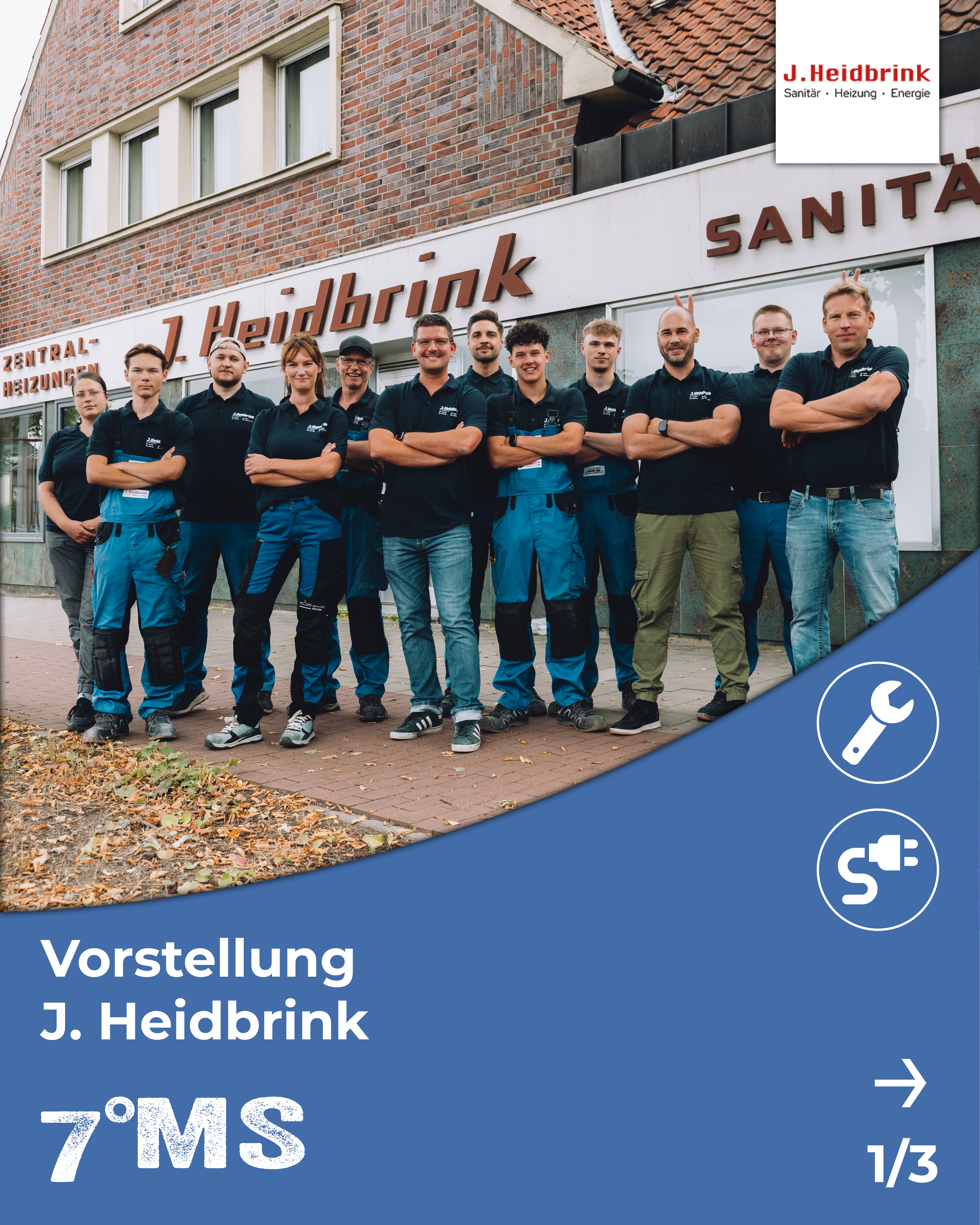 Gruppenfoto des Teams von J. Heidbrink, einem Sanitärunternehmen. Die Männer stehen in Arbeitskleidung vor dem Firmengebäude und posieren lächelnd. Im Hintergrund ist das Logo des Unternehmens sichtbar, das Dienstleistungen im Bereich Sanitär, Heizung und Energie anbietet.