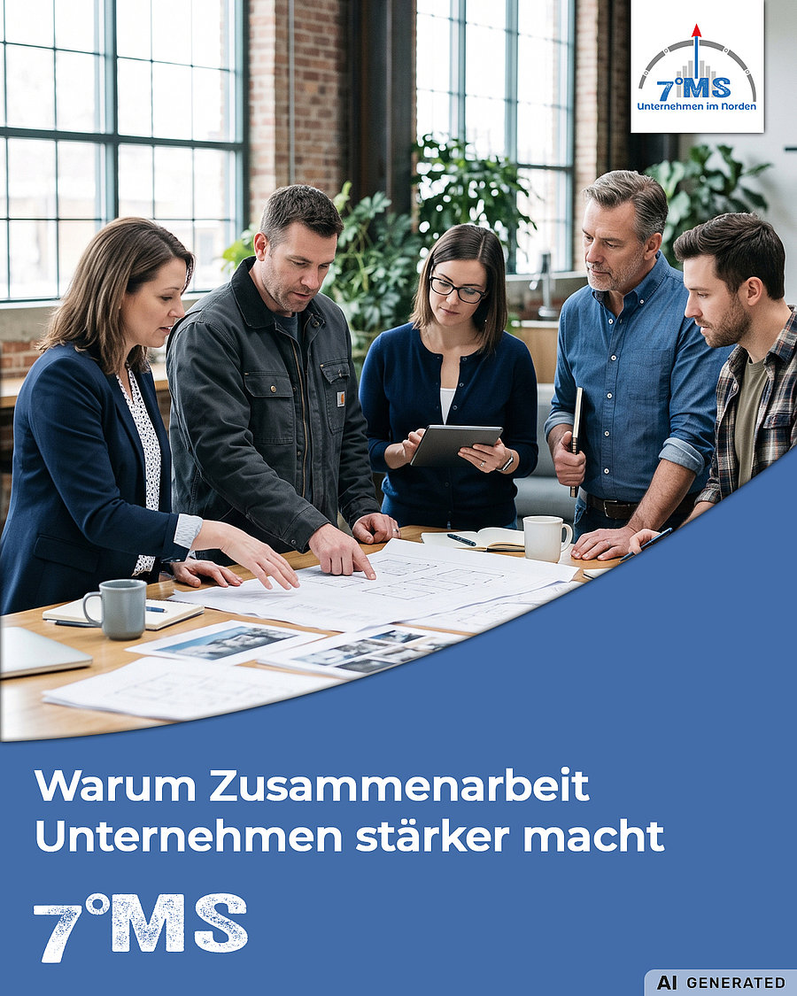 Fünf Personen, die um einen Tisch versammelt sind, betrachten gemeinsam Dokumente und Pläne. Auf dem Tisch liegen verschiedene Unterlagen und ein Laptop. Der Hintergrund zeigt ein helles, modernes Büro mit großen Fenstern und Pflanzen. Oben rechts ist das Logo von 7°MS zu sehen.