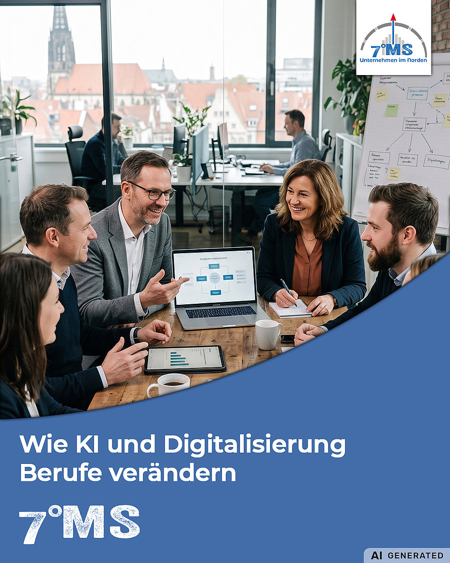 Eine Gruppe von fünf Personen diskutiert an einem Tisch in einem modernen Büro. Auf einem Laptop sind Diagramme und Daten sichtbar. Im Hintergrund sind Computerarbeitsplätze und eine Stadtansicht zu erkennen. Text: „Wie KI und Digitalisierung Berufe verändern“ zentral platziert.