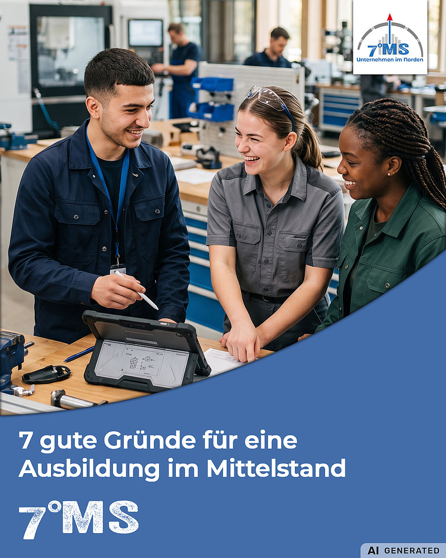 Drei junge Menschen in Arbeitskleidung stehen um ein Tablet und lächeln. Sie diskutieren gemeinsam über eine Ausbildung im Mittelstand. Im Hintergrund sind Maschinen und Arbeitsplätze zu sehen. Am oberen Bildrand steht das Logo von 7°MS und der Text „7 gute Gründe für eine Ausbildung im Mittelstand“.