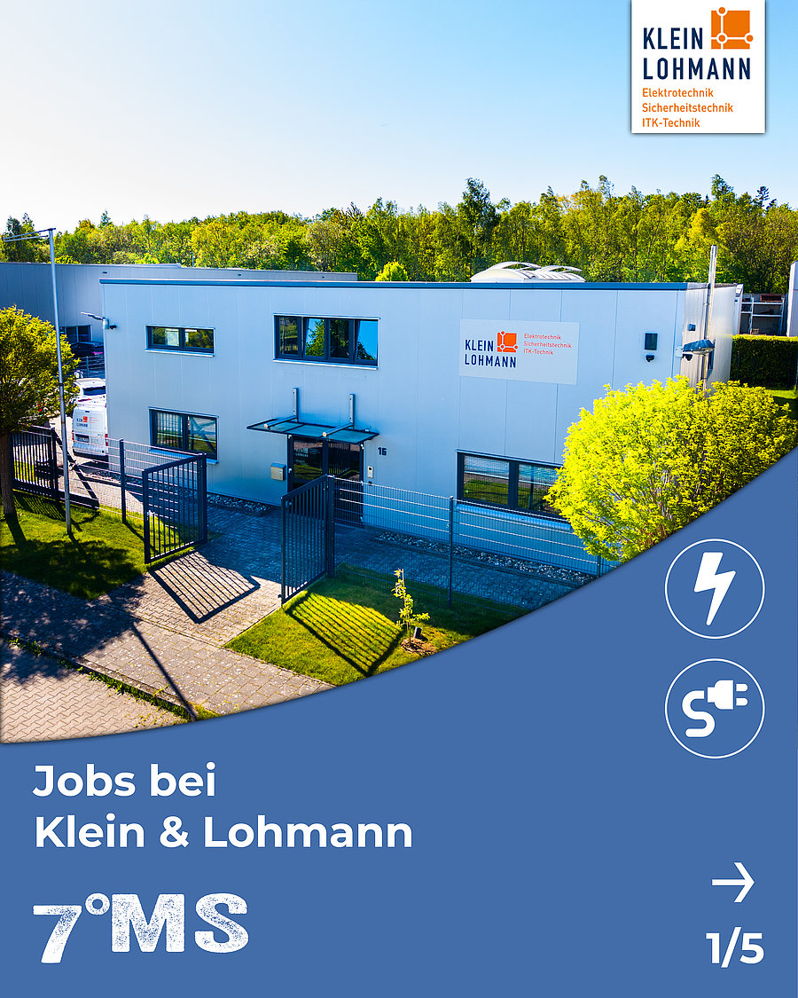 Ein Firmengebäude von Klein & Lohmann ist zu sehen, umgeben von mehreren weißen Lieferwagen mit dem Unternehmenslogo. Der Fokus liegt auf der Meldung über verfügbare Jobs im Bereich Elektrotechnik, Sicherheitstechnik und ITK-Technik.