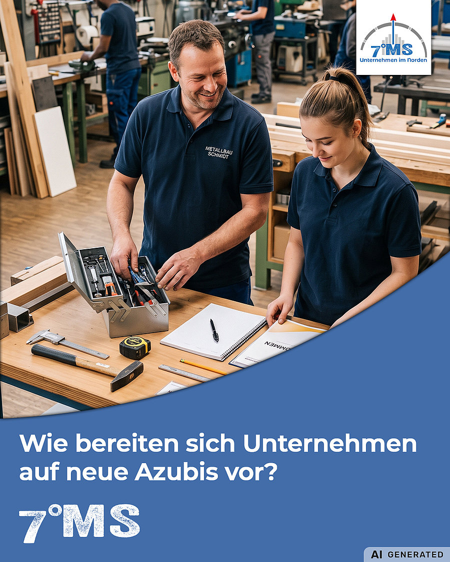 Zwei Personen in blauen Arbeitshemden stehen an einem Tisch mit Werkzeugen und Notizen. Der Mann zeigt auf einen Werkzeugkasten, während die Frau ihn aufmerksam betrachtet. Im Hintergrund sind Arbeitsplätze und Maschinen zu sehen. Der Text fragt, wie sich Unternehmen auf neue Azubis vorbereiten.
