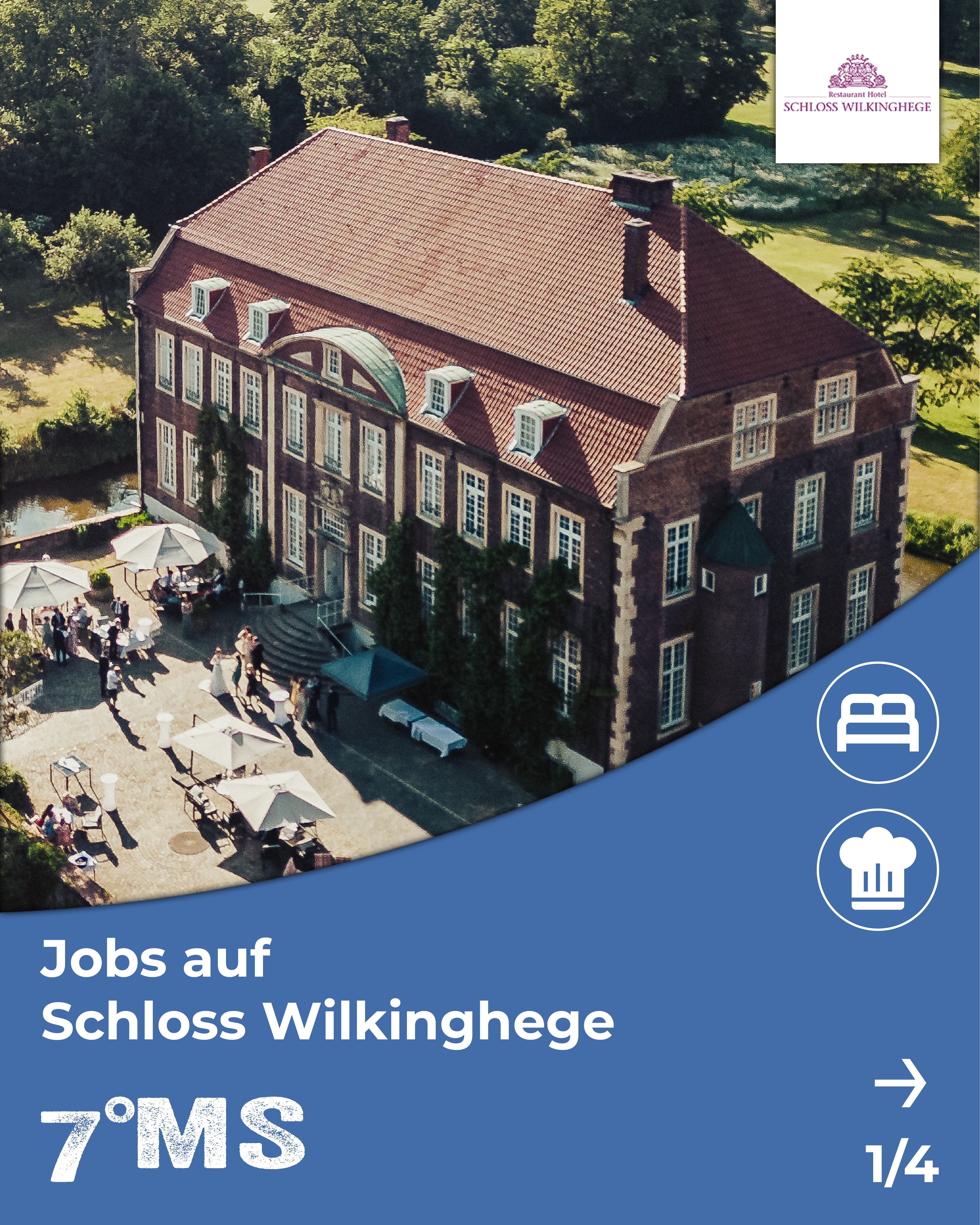 Dieses Bild zeigt das Schloss Wilkinghege mit einer Gärtenlandschaft. Vor dem Schloss sind mehrere Tische unter Sonnenschirmen, an denen Menschen sitzen. Der Text kündigt Jobs im Schloss an und weist auf verschiedene Bereiche hin, darunter Restaurant und Hotel.