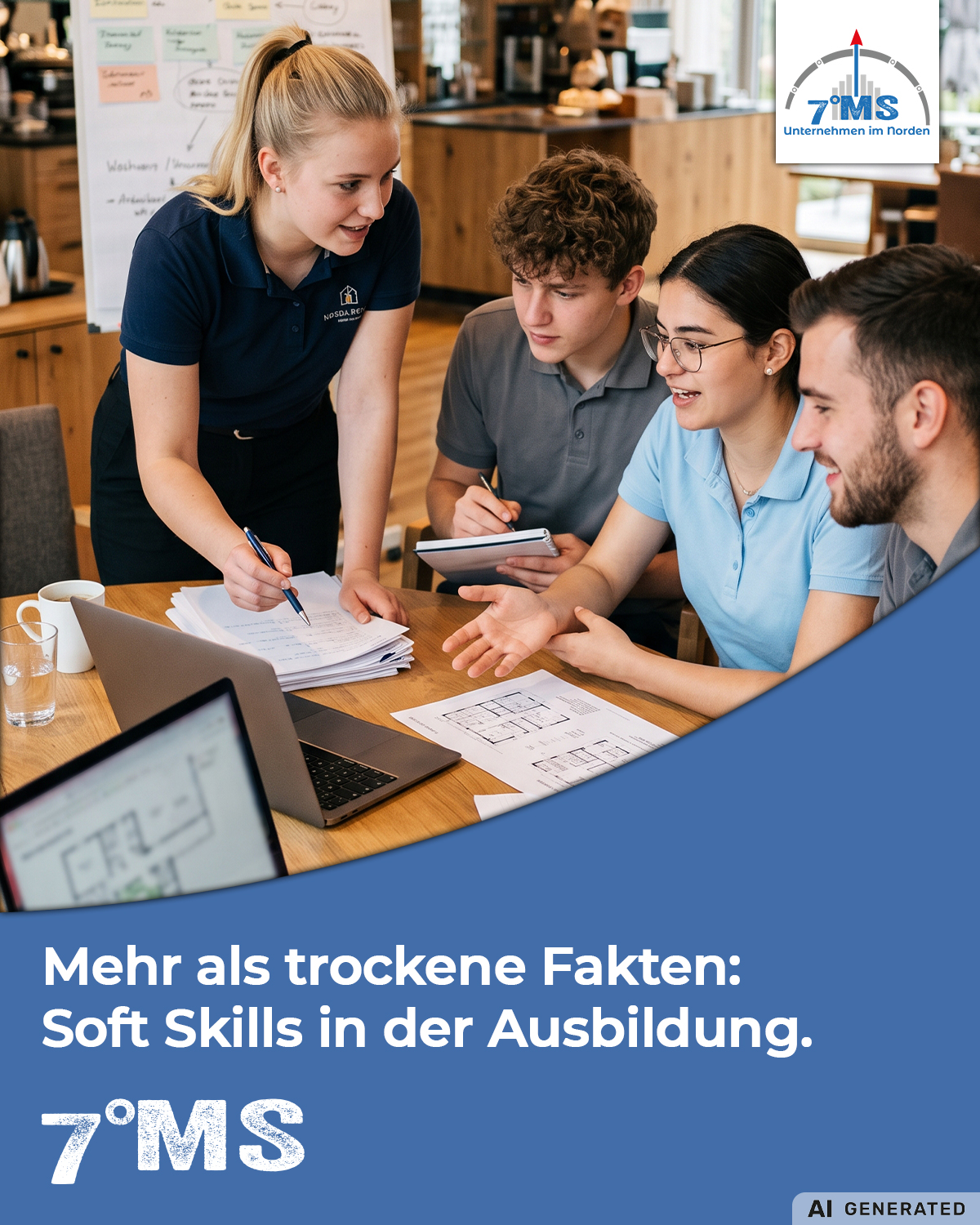 Eine Gruppe junger Menschen diskutiert an einem Tisch. Eine Person zeigt auf Notizen, während die anderen aufmerksam zuhören und mitschreiben. Im Hintergrund sind Flipcharts sichtbar. Es geht um die Bedeutung von Soft Skills in der Ausbildung.