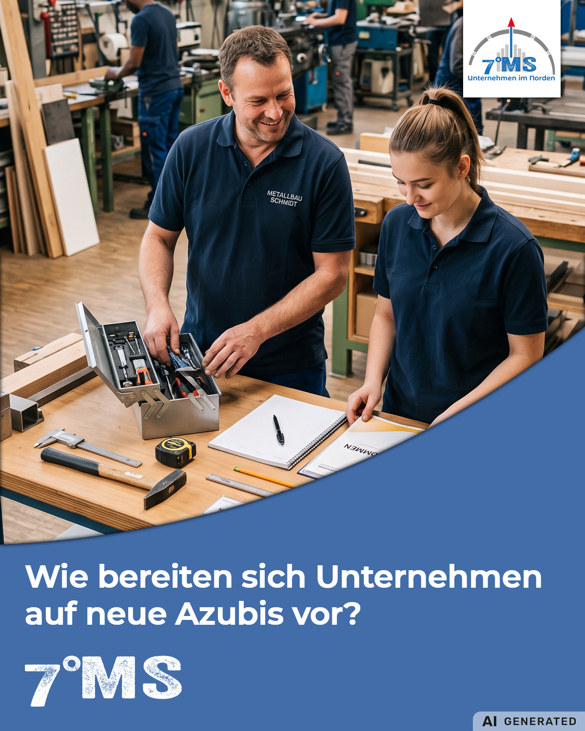 Zwei Personen in blauen Arbeitshemden stehen an einem Tisch mit Werkzeugen und Notizen. Der Mann zeigt auf einen Werkzeugkasten, während die Frau ihn aufmerksam betrachtet. Im Hintergrund sind Arbeitsplätze und Maschinen zu sehen. Der Text fragt, wie sich Unternehmen auf neue Azubis vorbereiten.